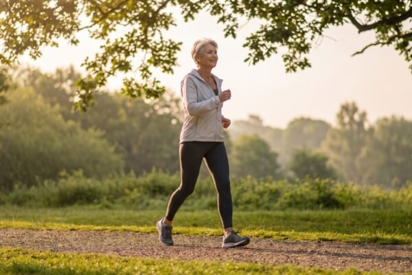 Mujer de unos sesenta anos caminando a buen paso por un camino de parque al amanecer, con las rodillas sanas y sin dolor