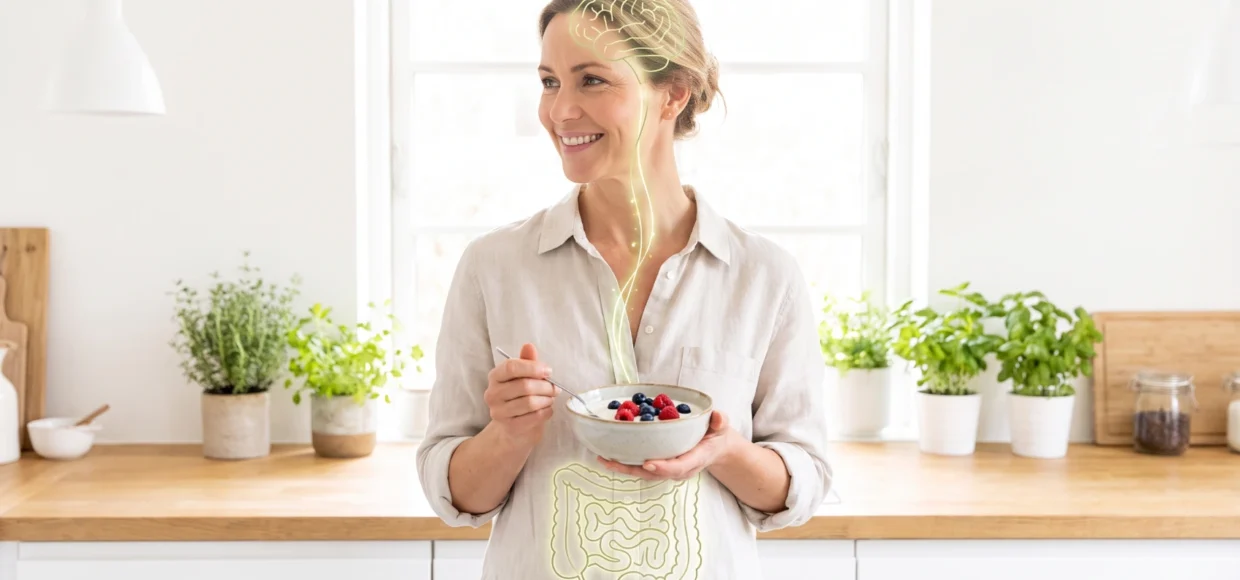 Mujer sonriente desayunando yogur con frutos rojos en una cocina luminosa, con el cerebro y el intestino iluminados y conectados por una via de luz que representa el eje intestino-cerebro