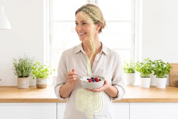 Mujer sonriente desayunando yogur con frutos rojos en una cocina luminosa, con el cerebro y el intestino iluminados y conectados por una via de luz que representa el eje intestino-cerebro