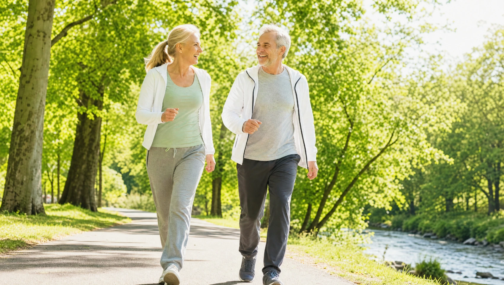 Pareja madura caminando con paso ágil y riendo por un sendero de parque entre árboles verdes