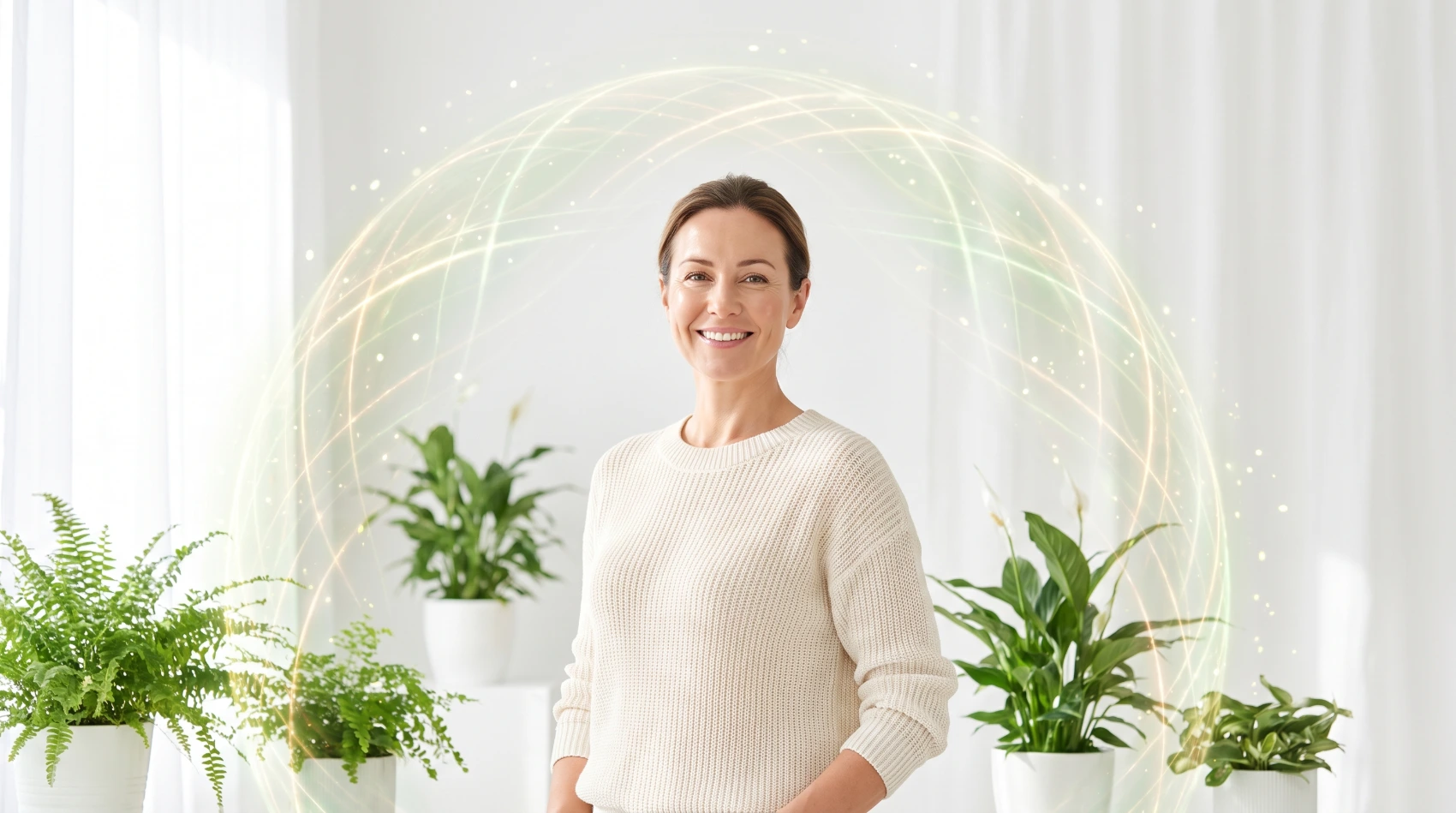 Mujer sonriente rodeada de un halo de luz protector que simboliza unas defensas fuertes, en una sala luminosa con plantas verdes