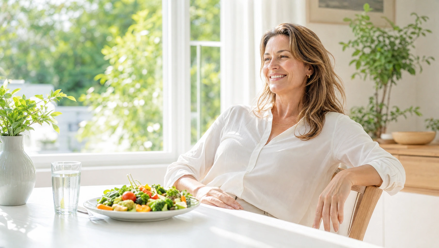 Mujer relajada y sonriente sentada a la mesa tras una comida ligera de verduras frescas junto a una ventana luminosa