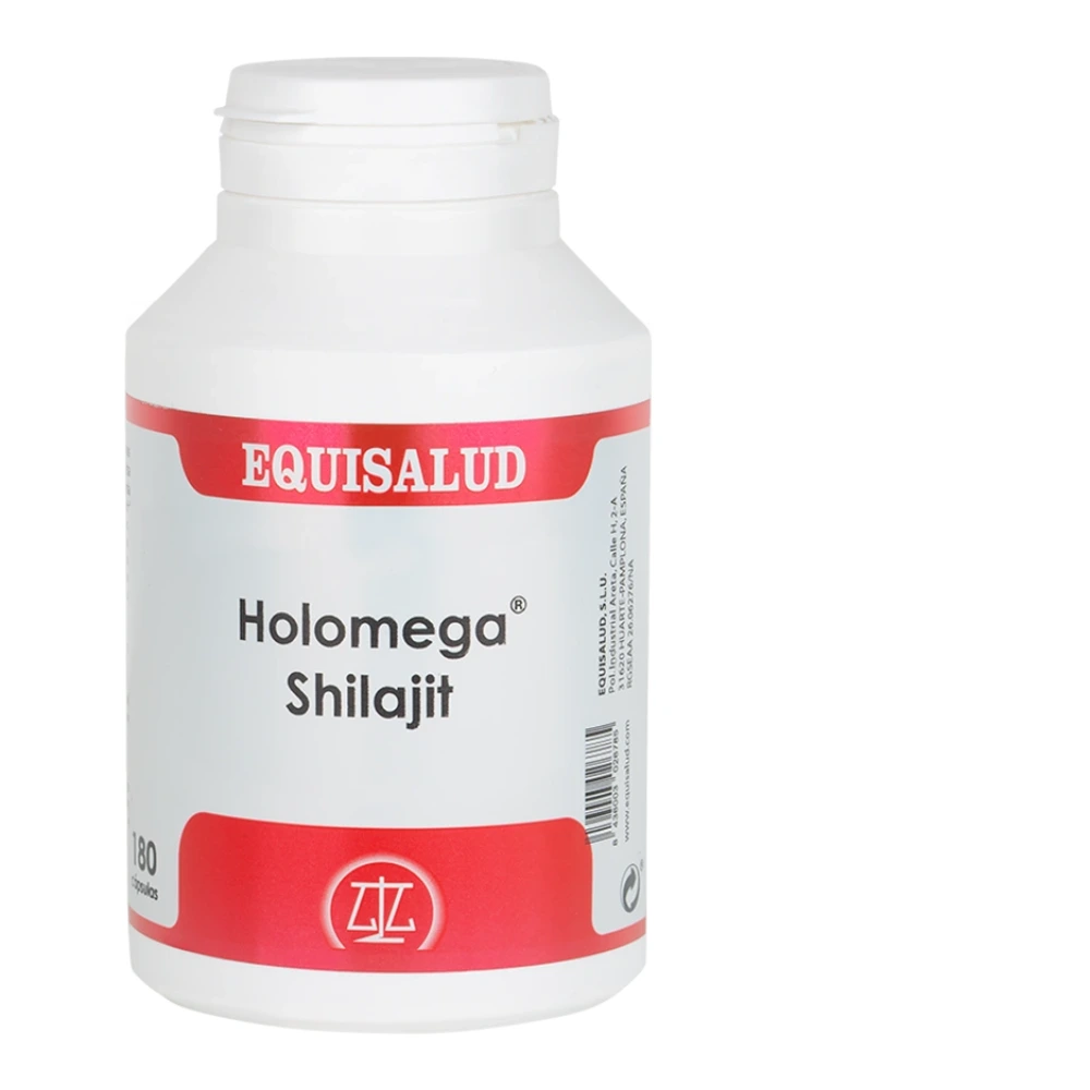 Bote grande de Holomega Shilajit de Equisalud de 180 cápsulas, con la etiqueta roja y blanca del laboratorio