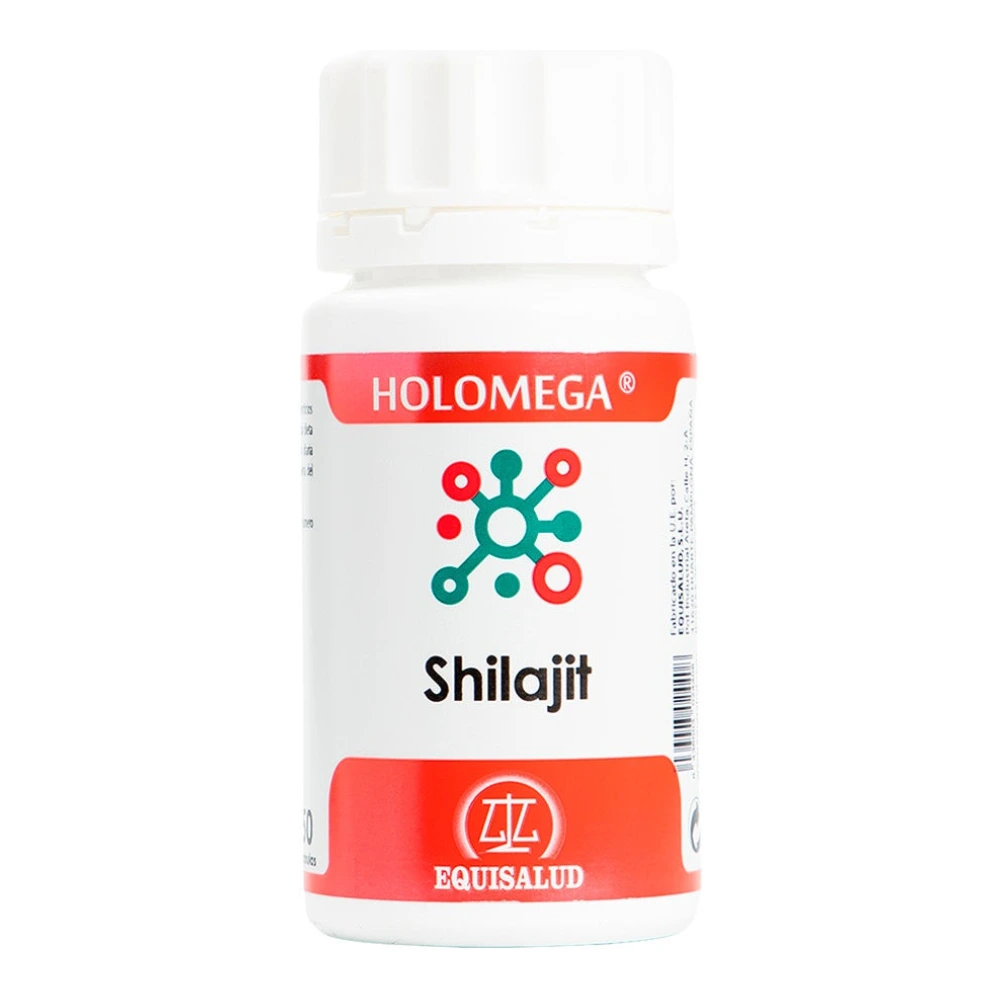 Bote de Holomega Shilajit de Equisalud de 50 cápsulas, etiqueta roja y blanca