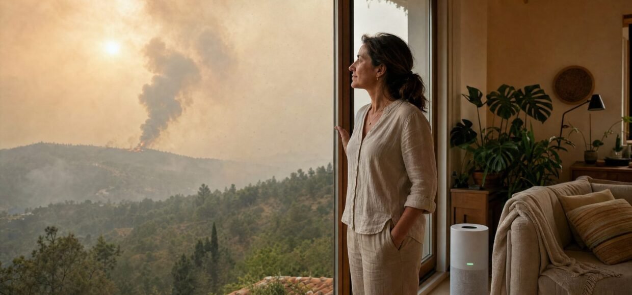 Mujer respirando tranquila en el salón de su casa con un purificador de aire encendido mientras fuera se ve el humo de los incendios de Madrid
