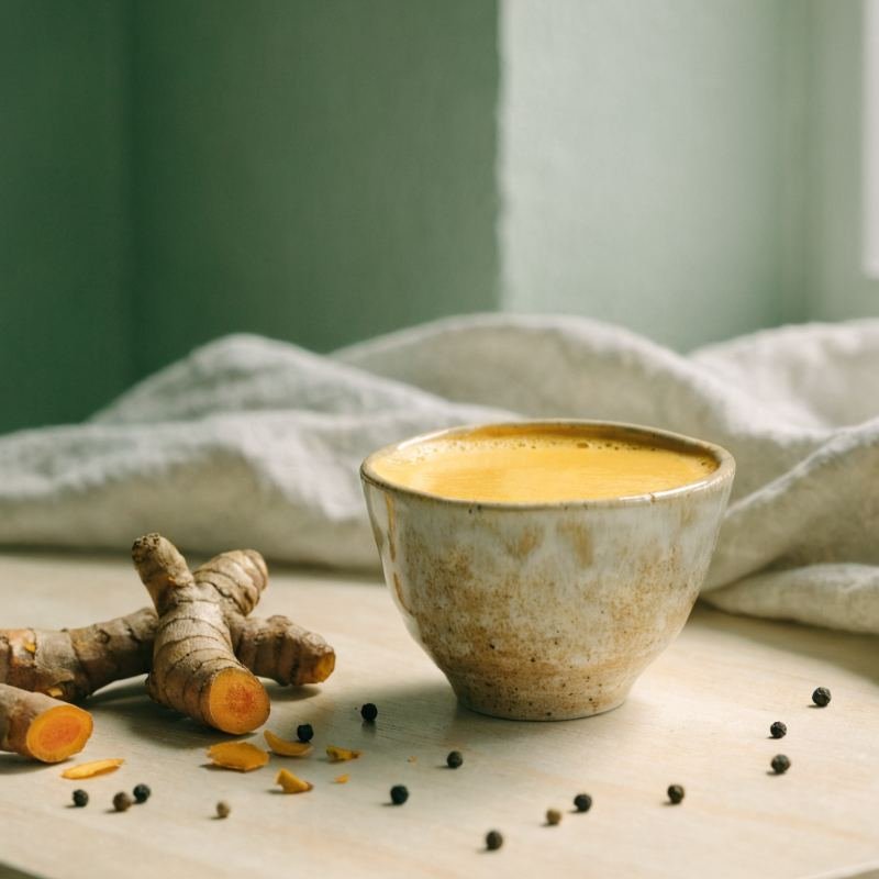 Leche dorada de cúrcuma con raíces frescas y pimienta negra
