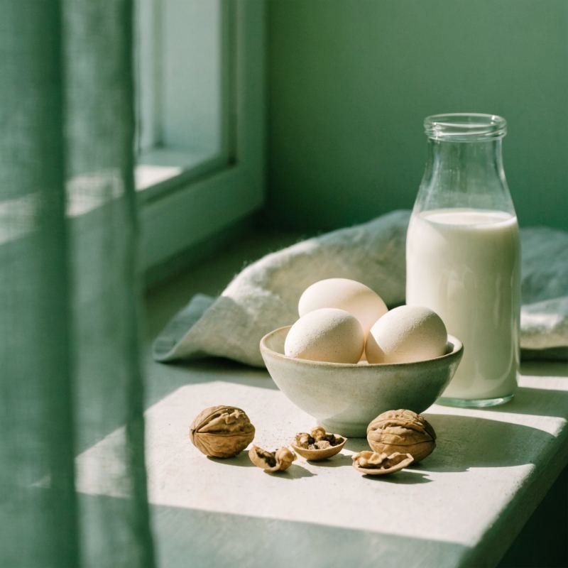 Huevos, leche y nueces en un alféizar con luz de mañana