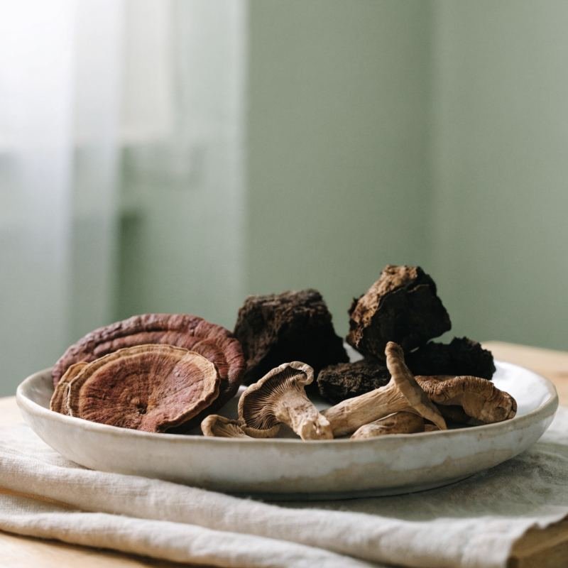 Reishi laminado, chaga y shiitake secos en plato de cerámica