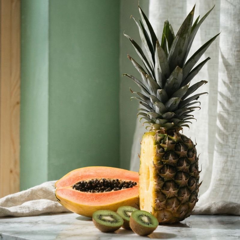 Piña, papaya y kiwi abiertos, frutas con enzimas naturales