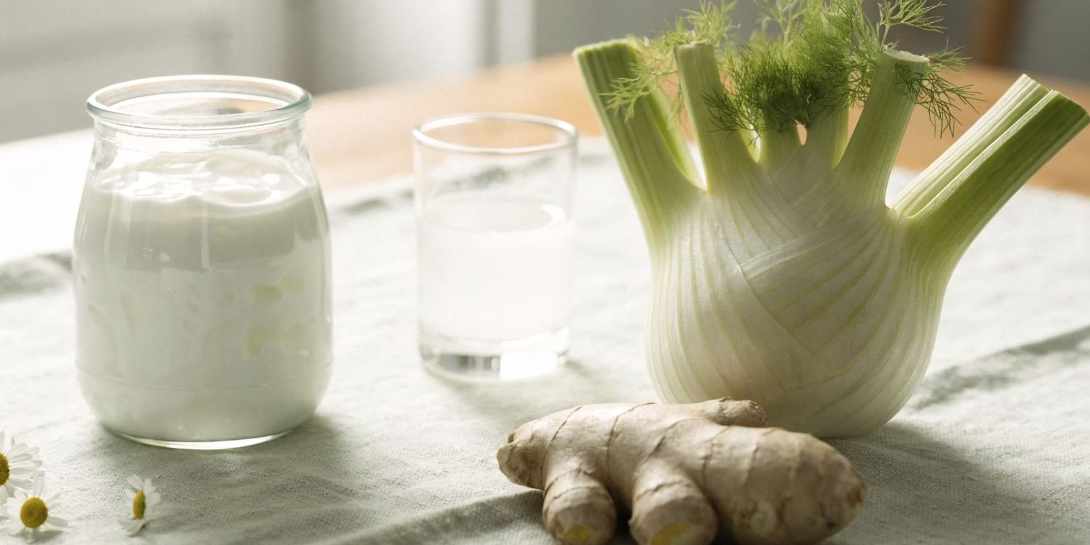 Bodegón de cocina con yogur, kéfir, hinojo, jengibre y manzanilla