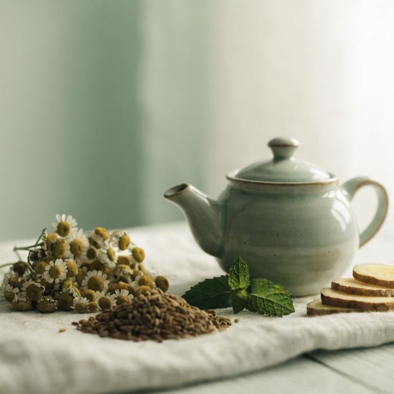 Manzanilla, hinojo, menta y jengibre preparados para infusión