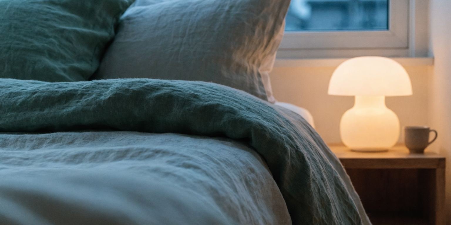 Dormitorio tranquilo al atardecer con ropa de cama de lino y lámpara cálida