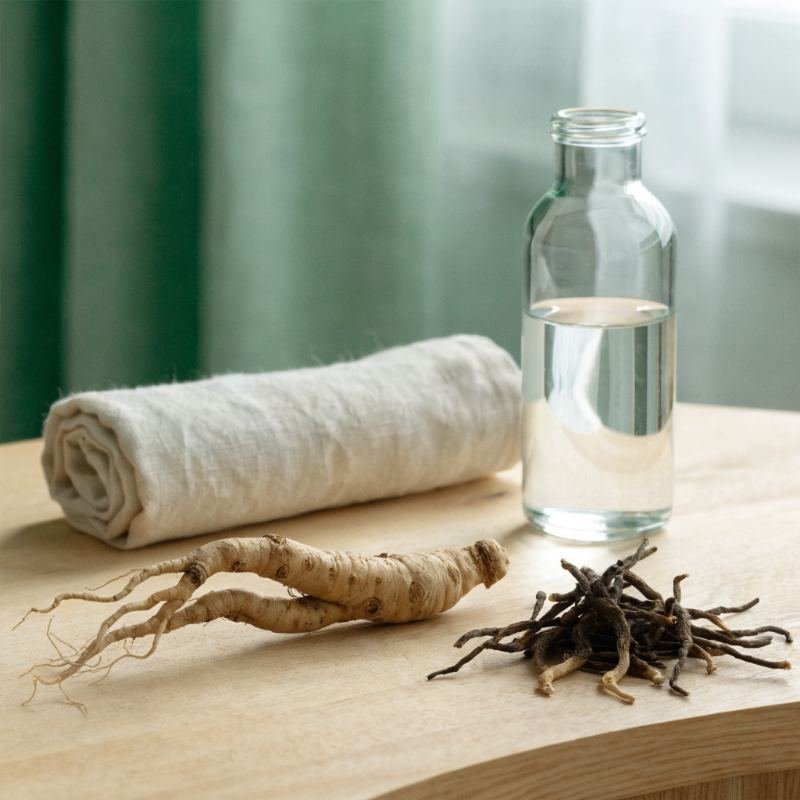 Raíz de ginseng y cordyceps secos junto a una botella de agua y una toalla