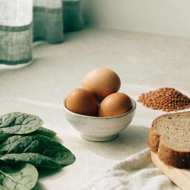 Huevos, lentejas, espinacas y pan integral, alimentos con vitaminas del grupo B